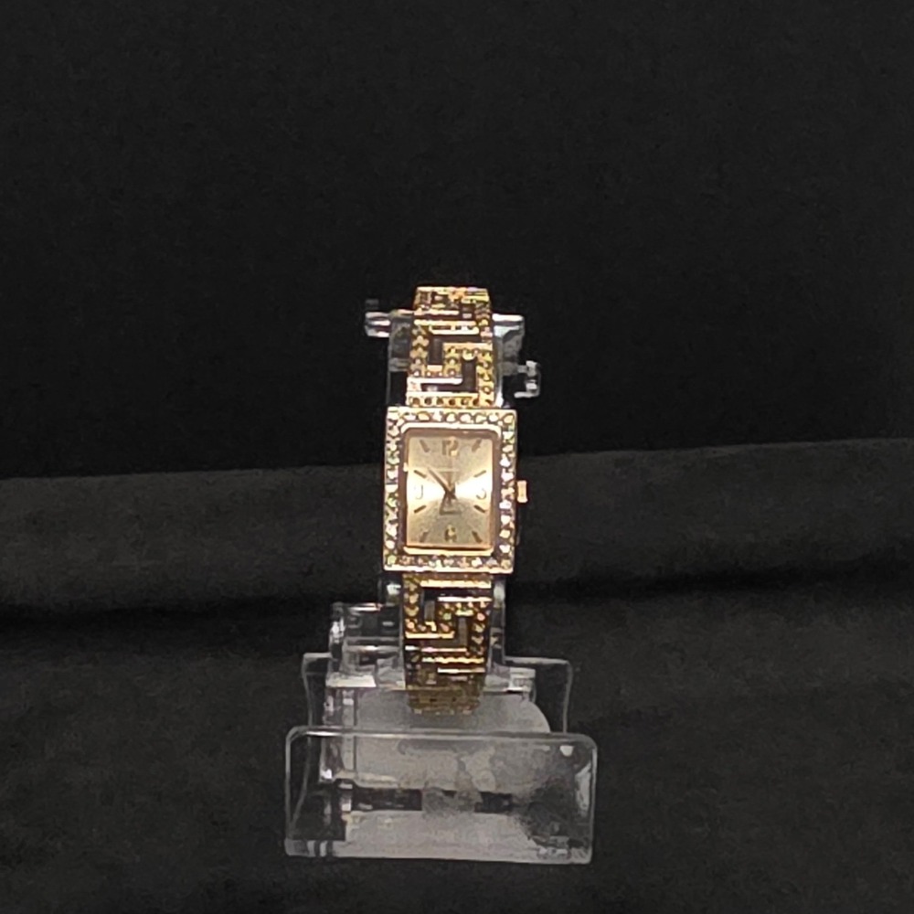 Geneva Bangle Watch Womens OS Gold Tone Greek Key Rhinestone Dress